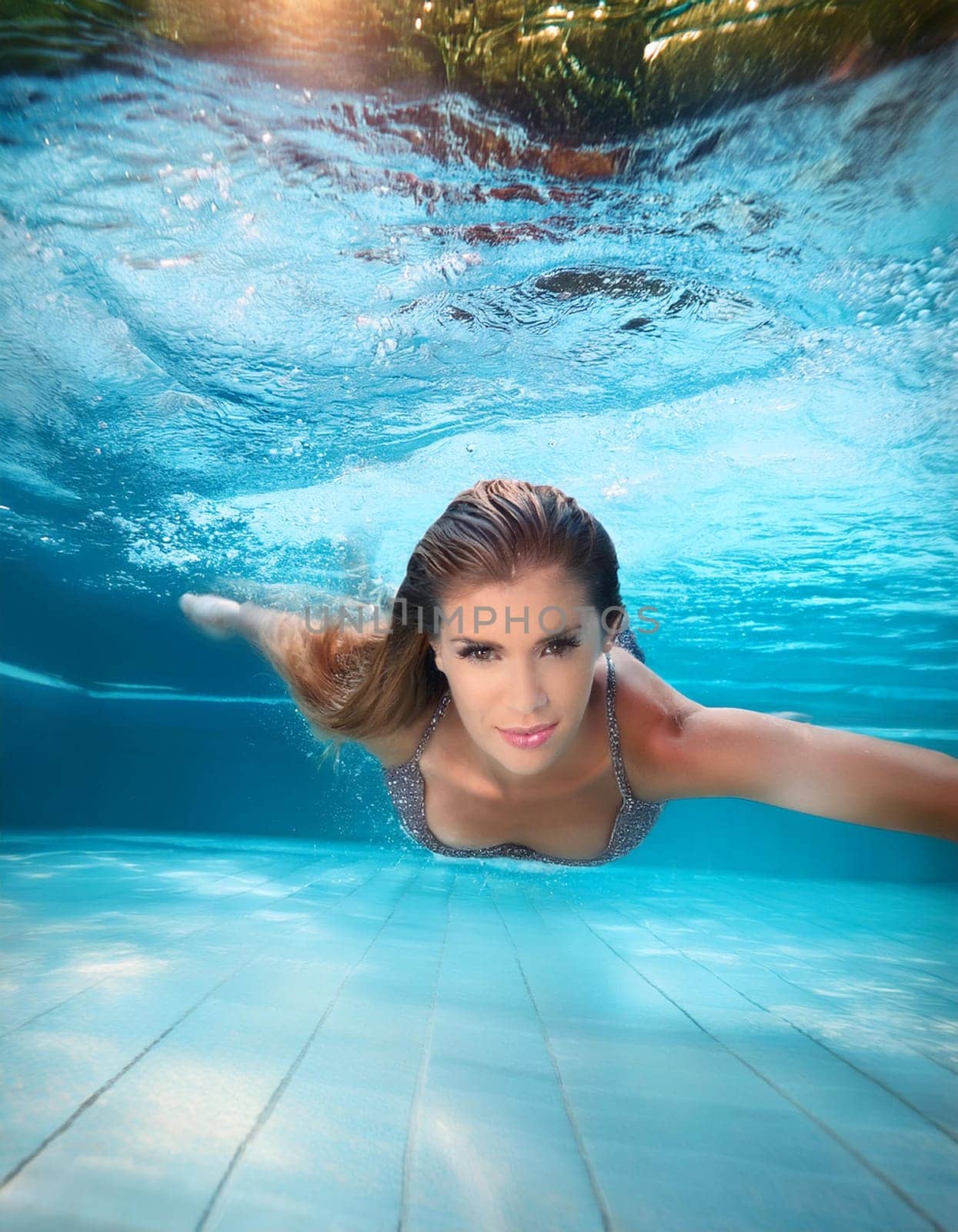 pretty young swimming woman in a swimming pool, AI generated image