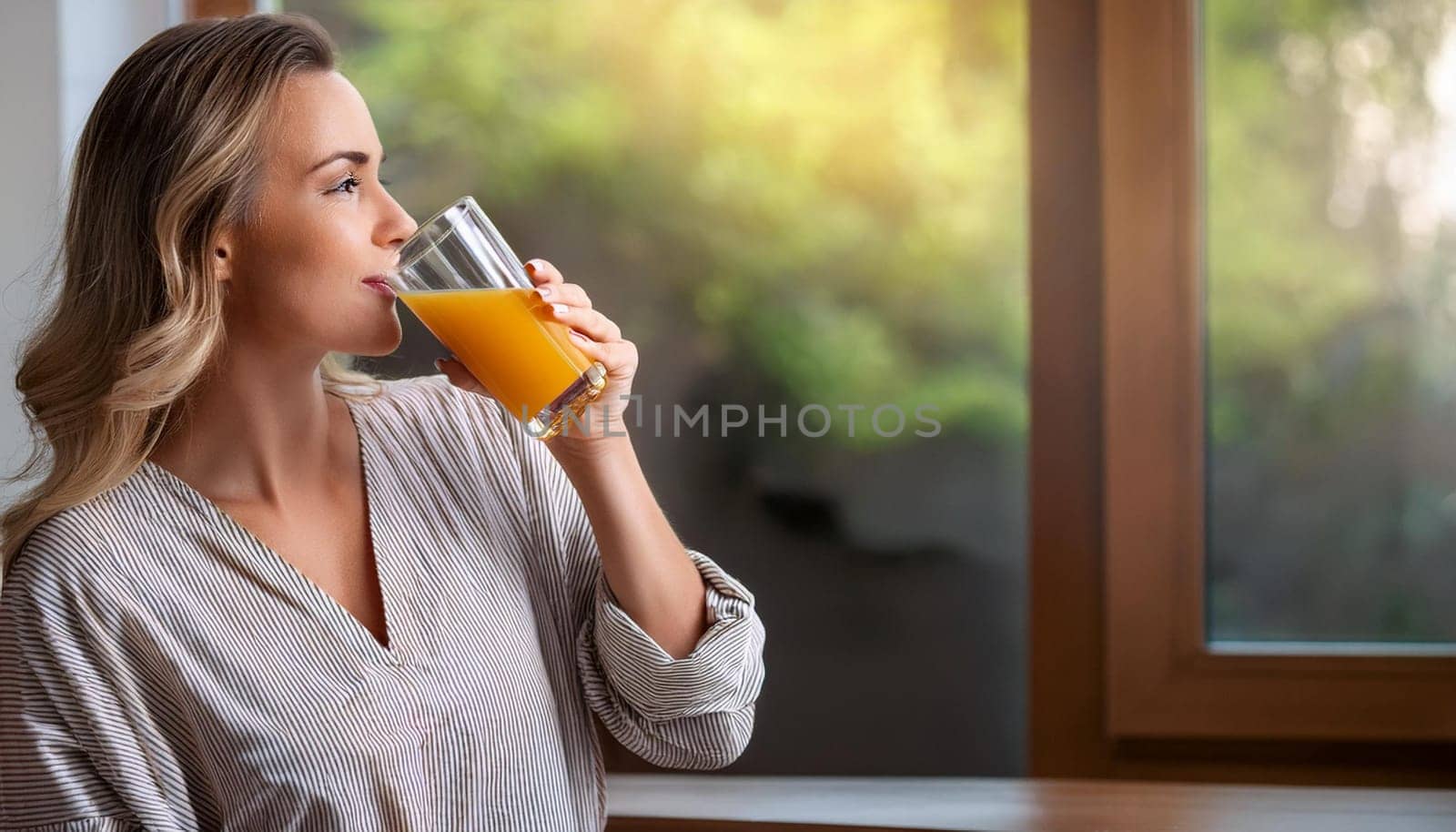 pretty young woman drinking orange juice, AI generated image