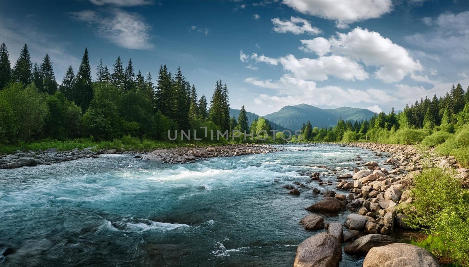 wild river landscape in the forest, AI generated image