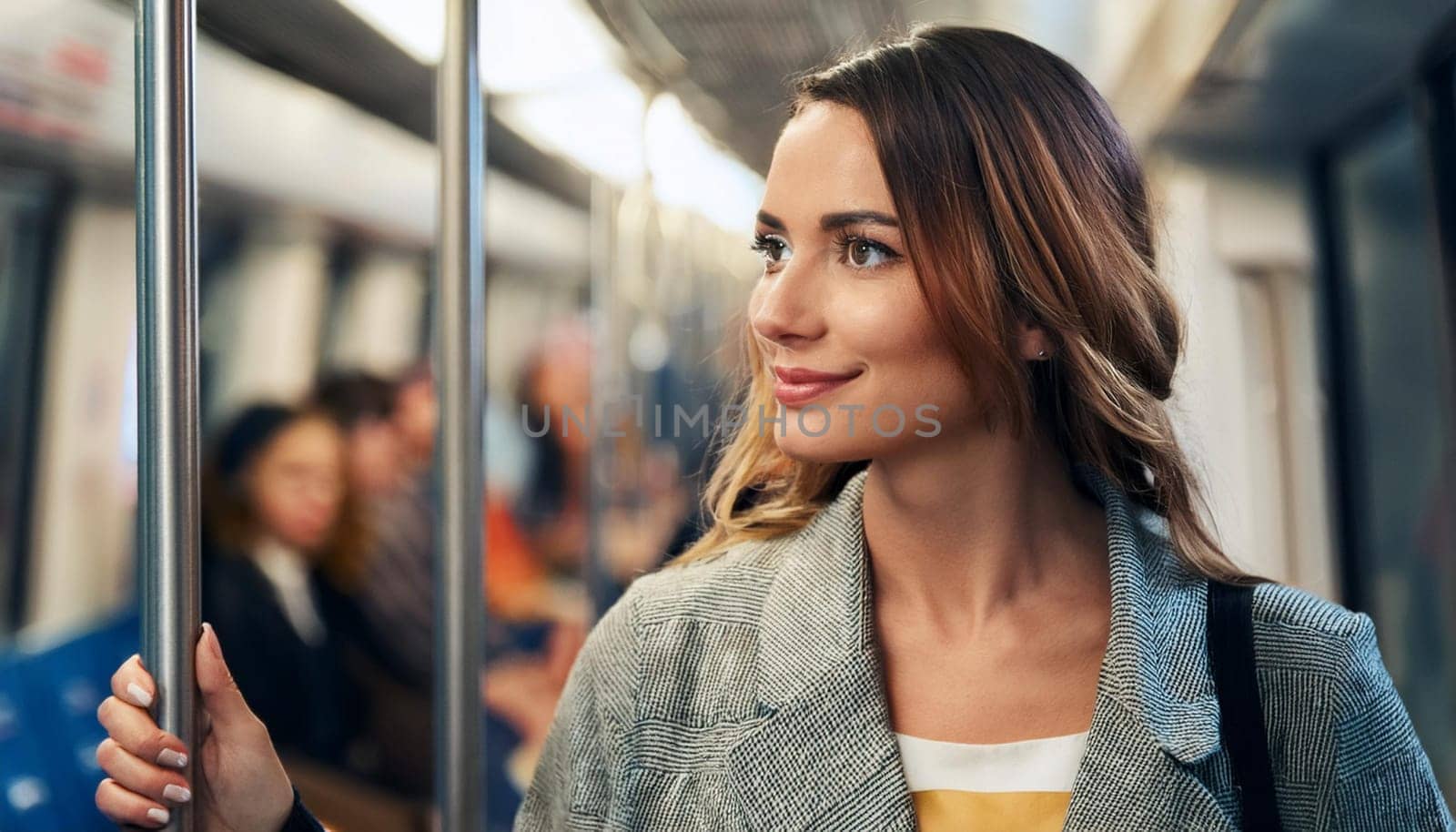 gorgeous young woman on subway train, AI generated image