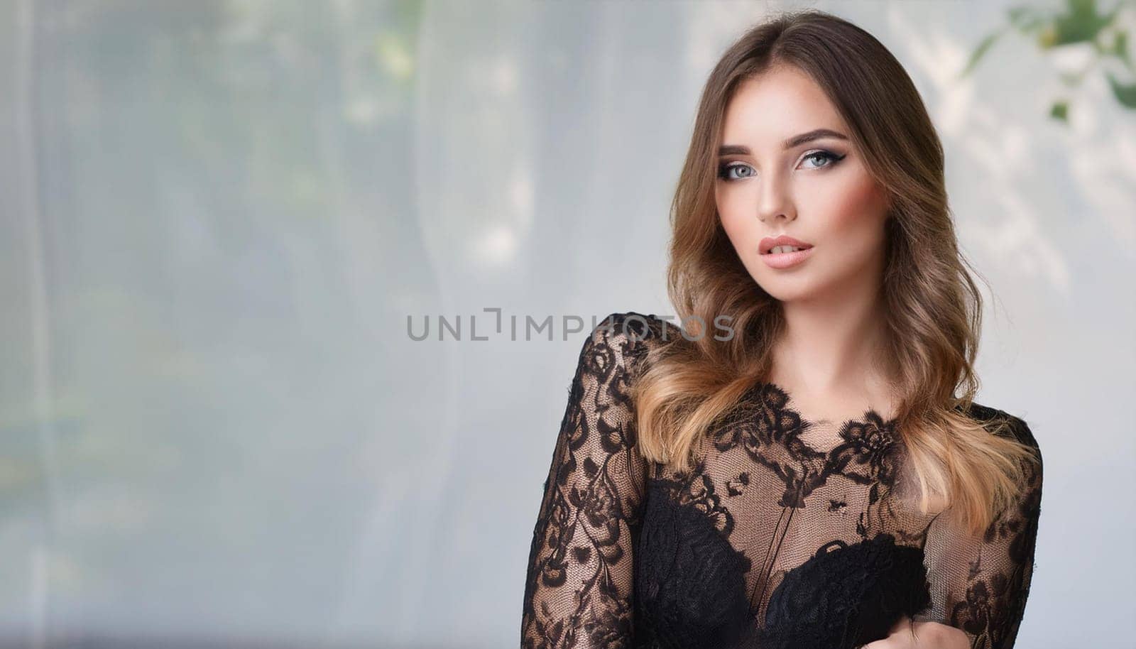 pretty young woman in black lace dress, AI generated image