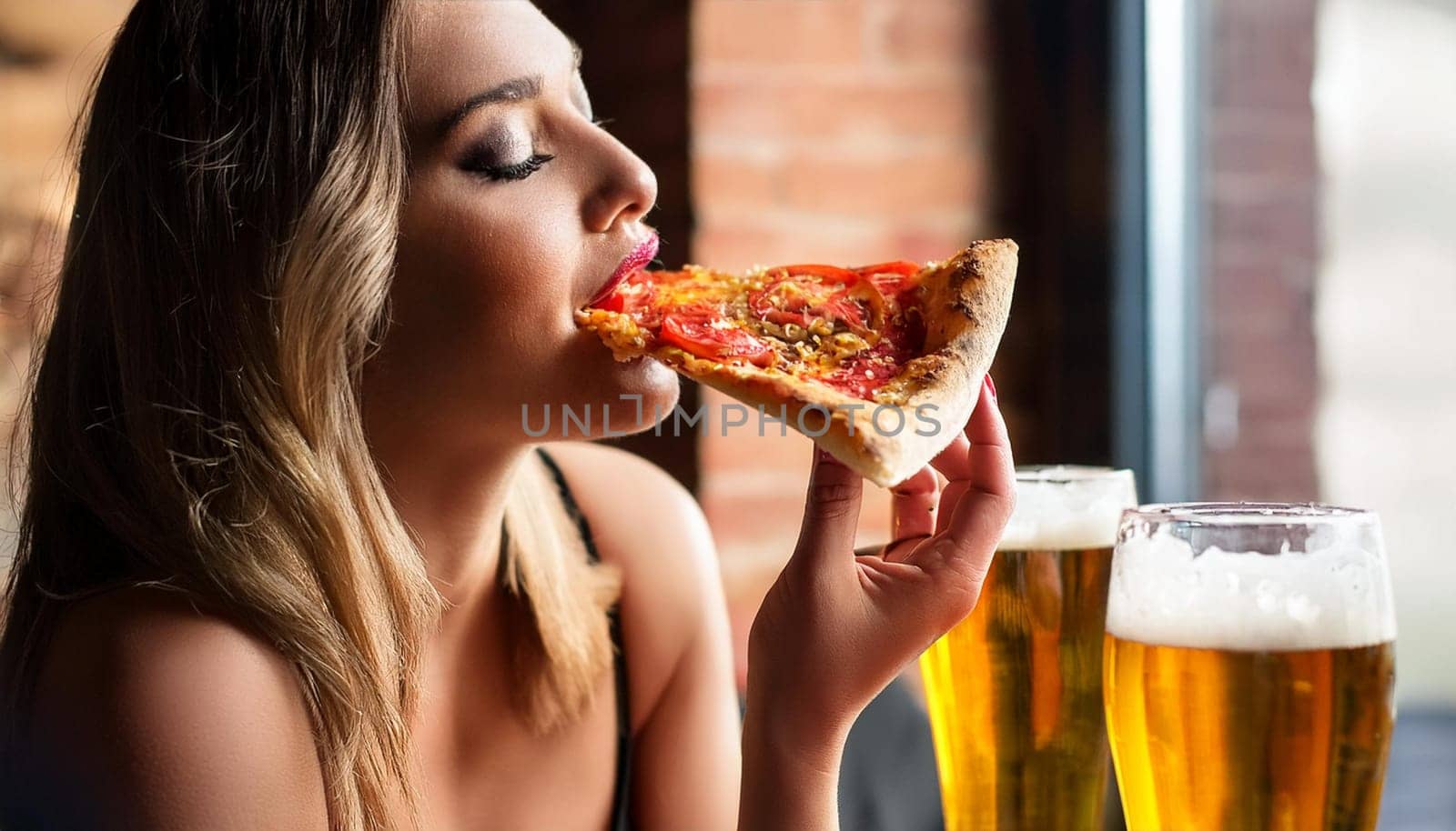 gorgeous young woman eating pizza margherita and drinking beer, AI generated image