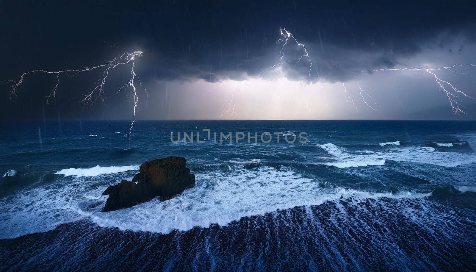 stormy weather at night with lightning at sea, AI generated image