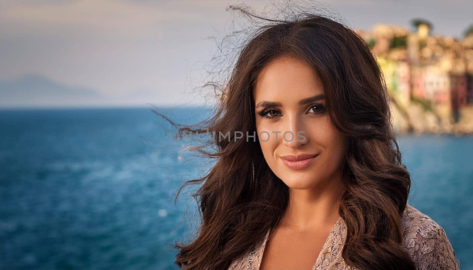 pretty young woman by the sea, AI generated image
