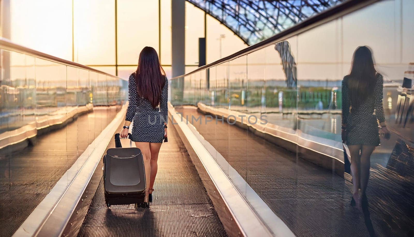 elegant gorgeous young woman at airport with bags, AI generated image