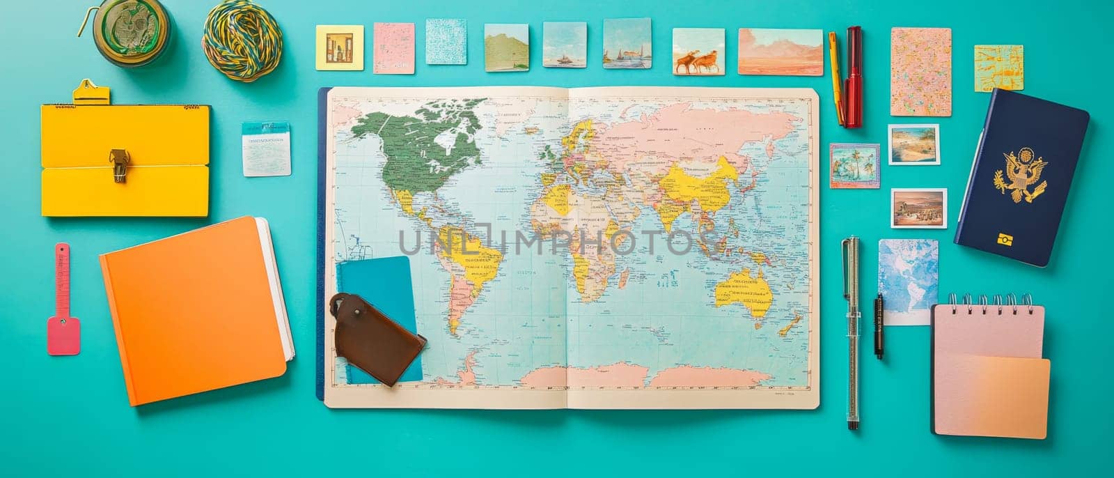 A world map laid out with travel essentials like notebooks and passport, ideal for planning adventures.