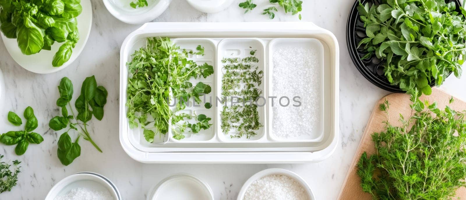 An assortment of fresh herbs and salt displayed on a white marble table, perfect for culinary creations.