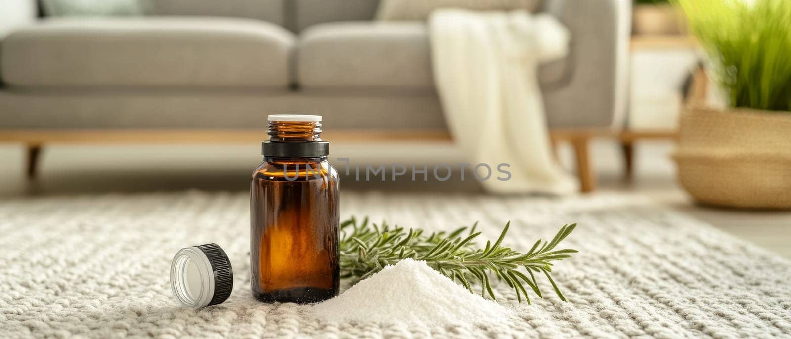 An essential oil bottle with rosemary on a soft rug, creating a soothing aromatherapy environment in the living room.