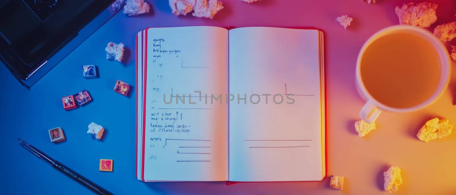 An open notebook surrounded by small objects and a cup of coffee on a blue and pink gradient lit desk.