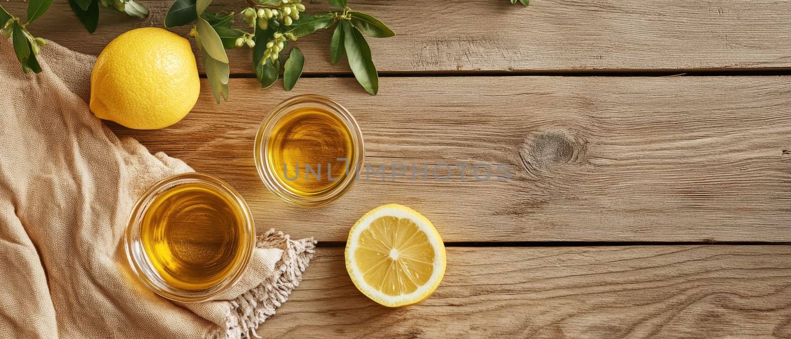 A lemon and jars of olive oil on a wooden surface, with greenery creating a rustic feel.