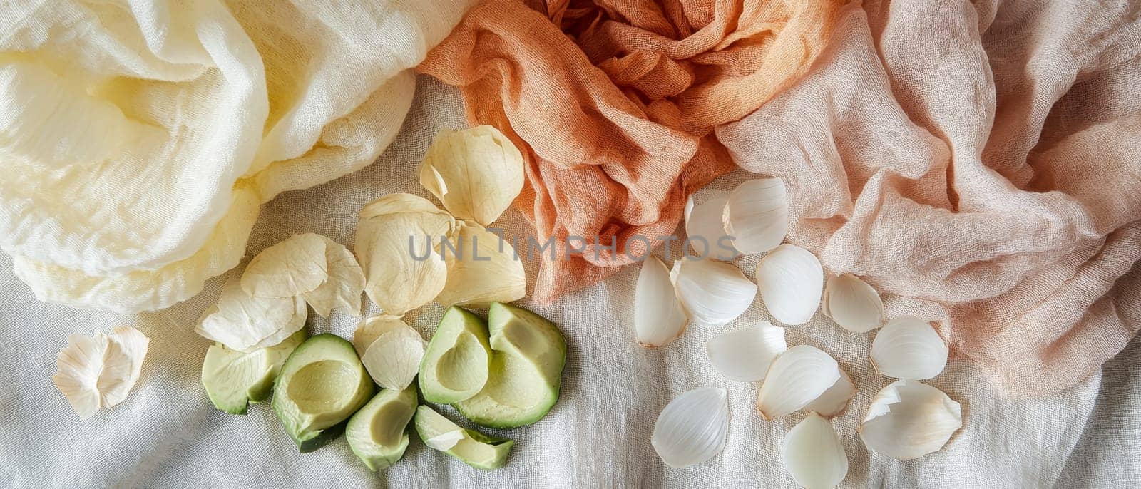 Soft textiles with avocado slices and flower petals create a harmonious blend of natural textures and colors.