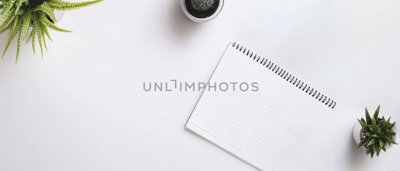 A minimalistic desk setup with a spiral notebook and potted plants, offering ample copy space for creative work.