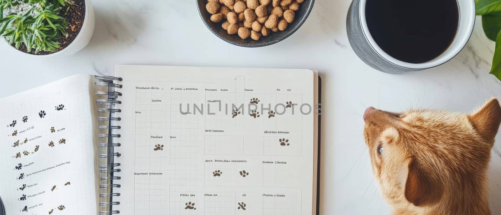 Open planner with paw prints, a curious cat, and a cup of coffee, creating a cozy pet themed workspace..