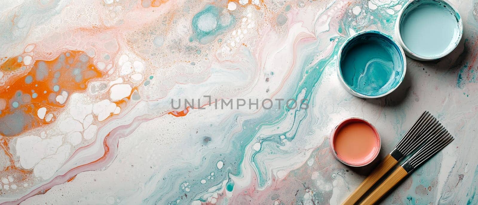 Vibrant paint swirls create a mesmerizing abstract pattern with paintbrushes and paint pots visible.