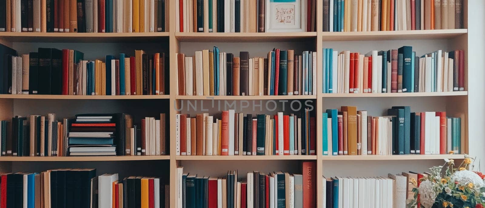 A variety of colorful books lined up on wooden shelves, creating a vibrant library atmosphere.