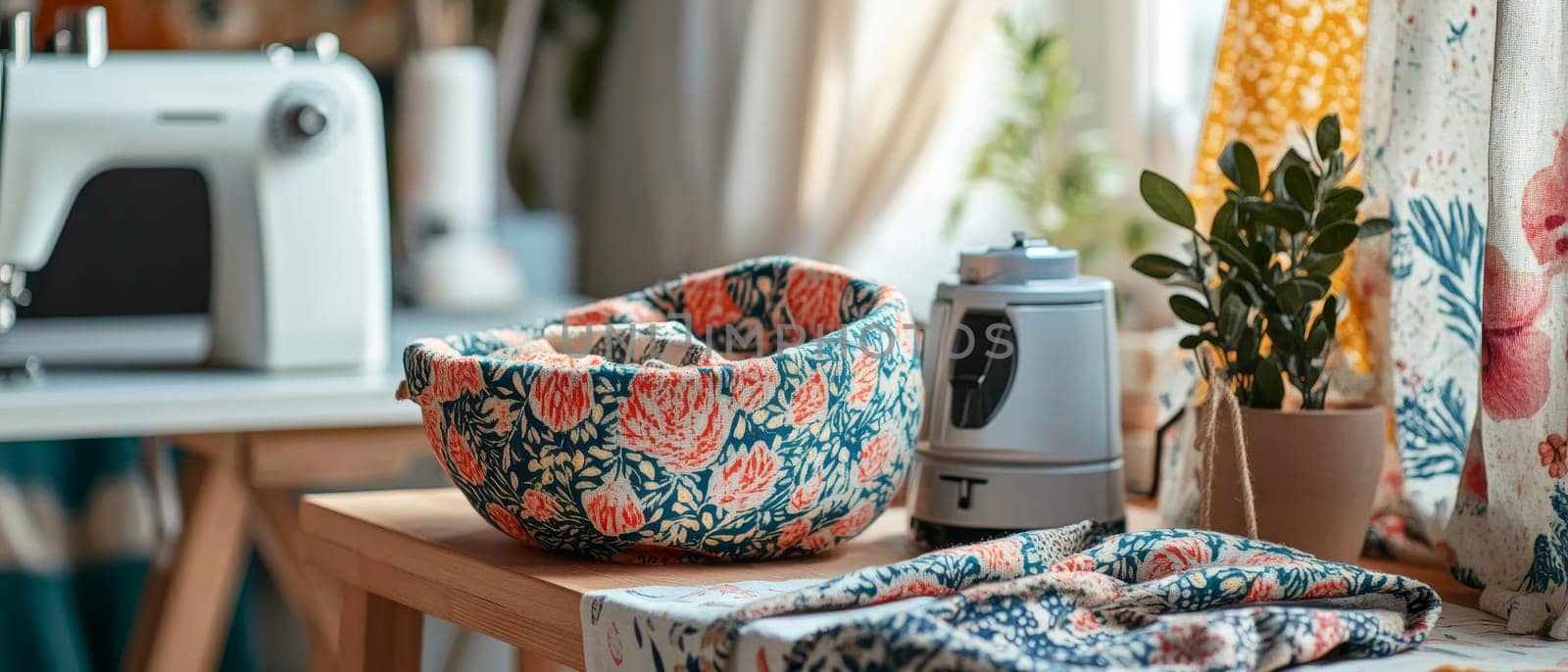 A cozy sewing workspace featuring a sewing machine, fabric, and plants, creating a warm atmosphere.
