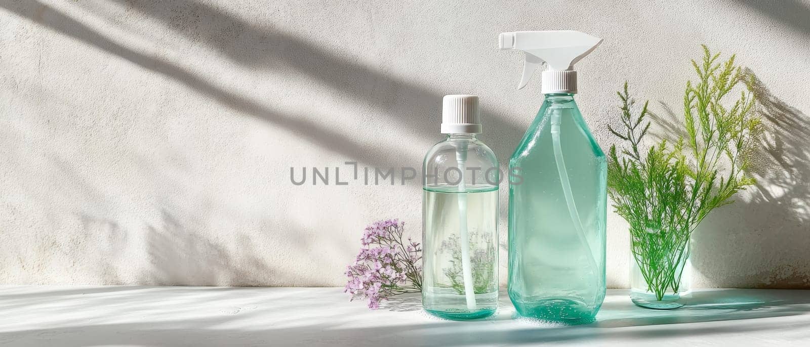 Eco friendly cleaning bottles with plants, casting shadows on a textured background, providing ideal copy space.