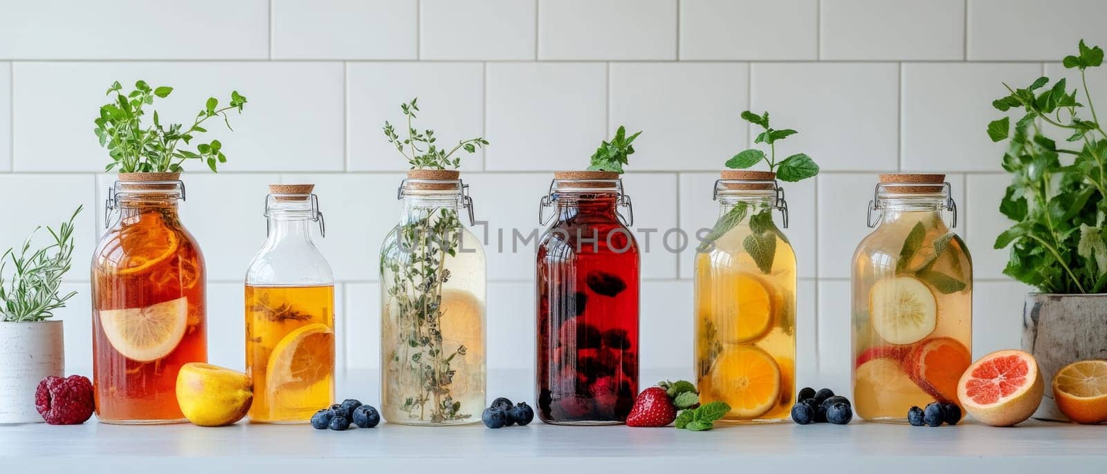 Jars of infused water with fresh fruits and herbs, set against a tiled kitchen background, perfect for a refreshing drink.