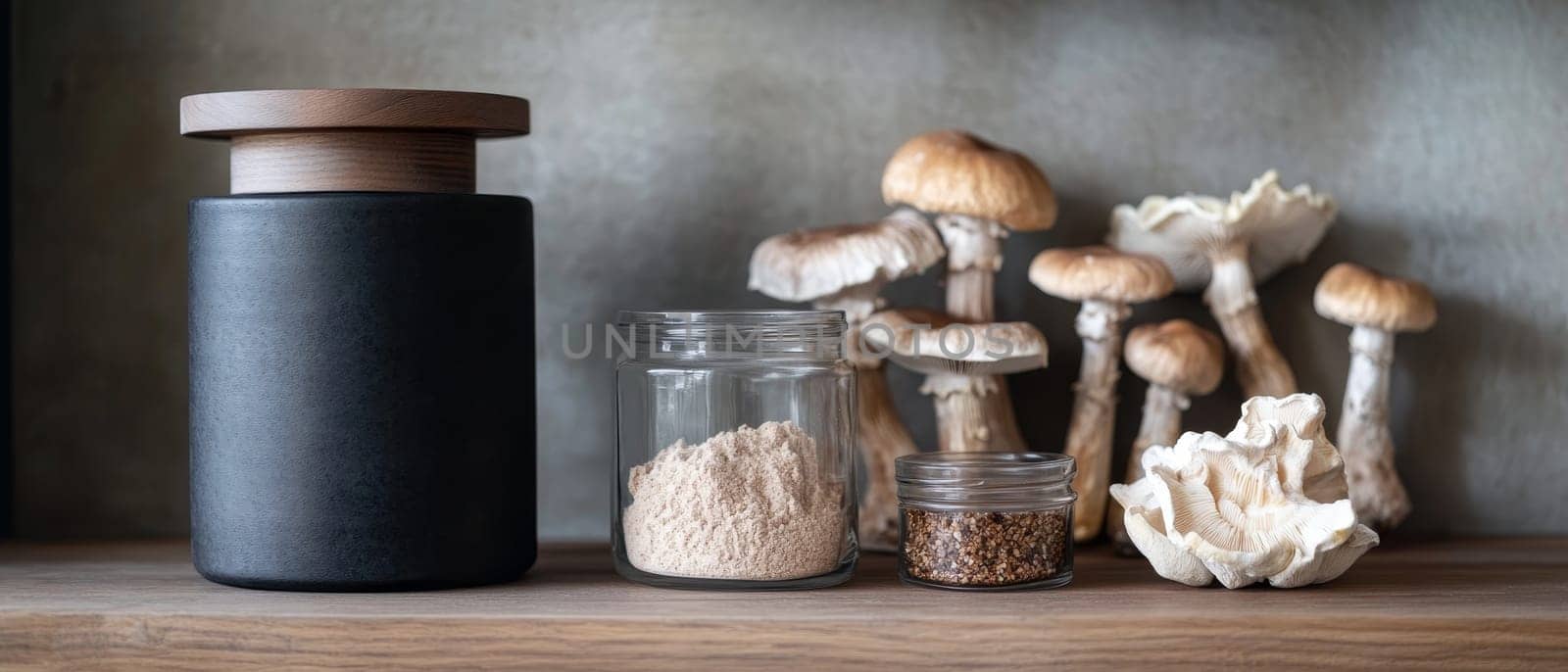A selection of gourmet mushrooms with spices in jars, creating an earthy and rich culinary display.