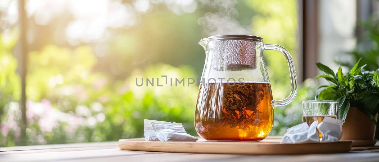 A steaming glass teapot filled with tea, set in a lush garden, creating a relaxing outdoor ambiance.