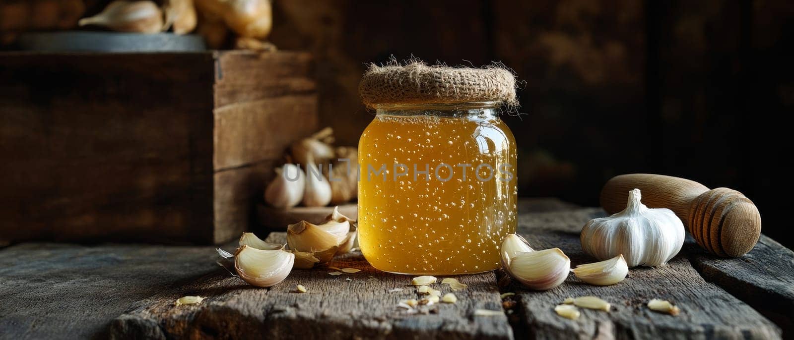 A jar of honey with garlic cloves on a rustic wooden table, ideal for natural remedies and culinary uses.