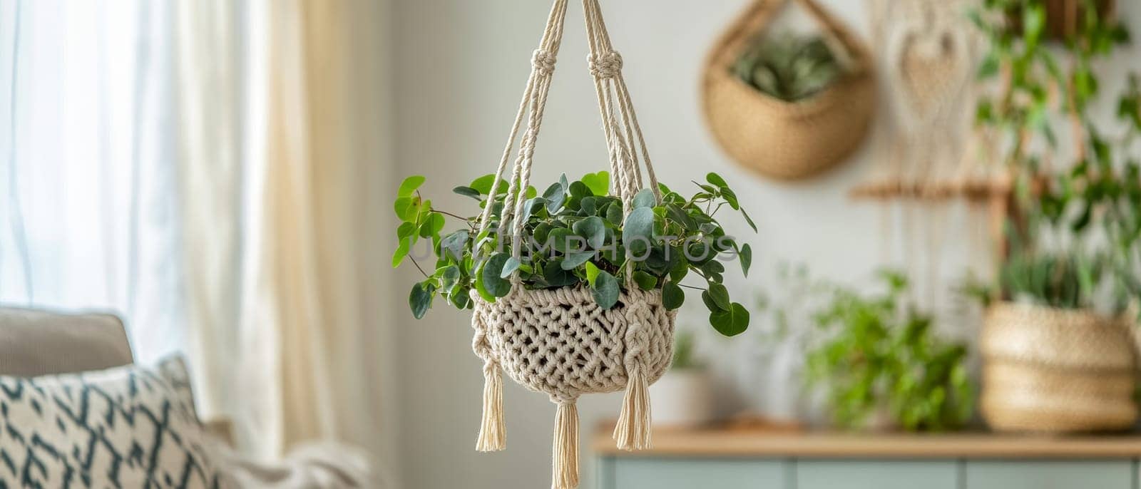 A stylish macrame plant holder with lush green foliage, enhancing the cozy home interior.