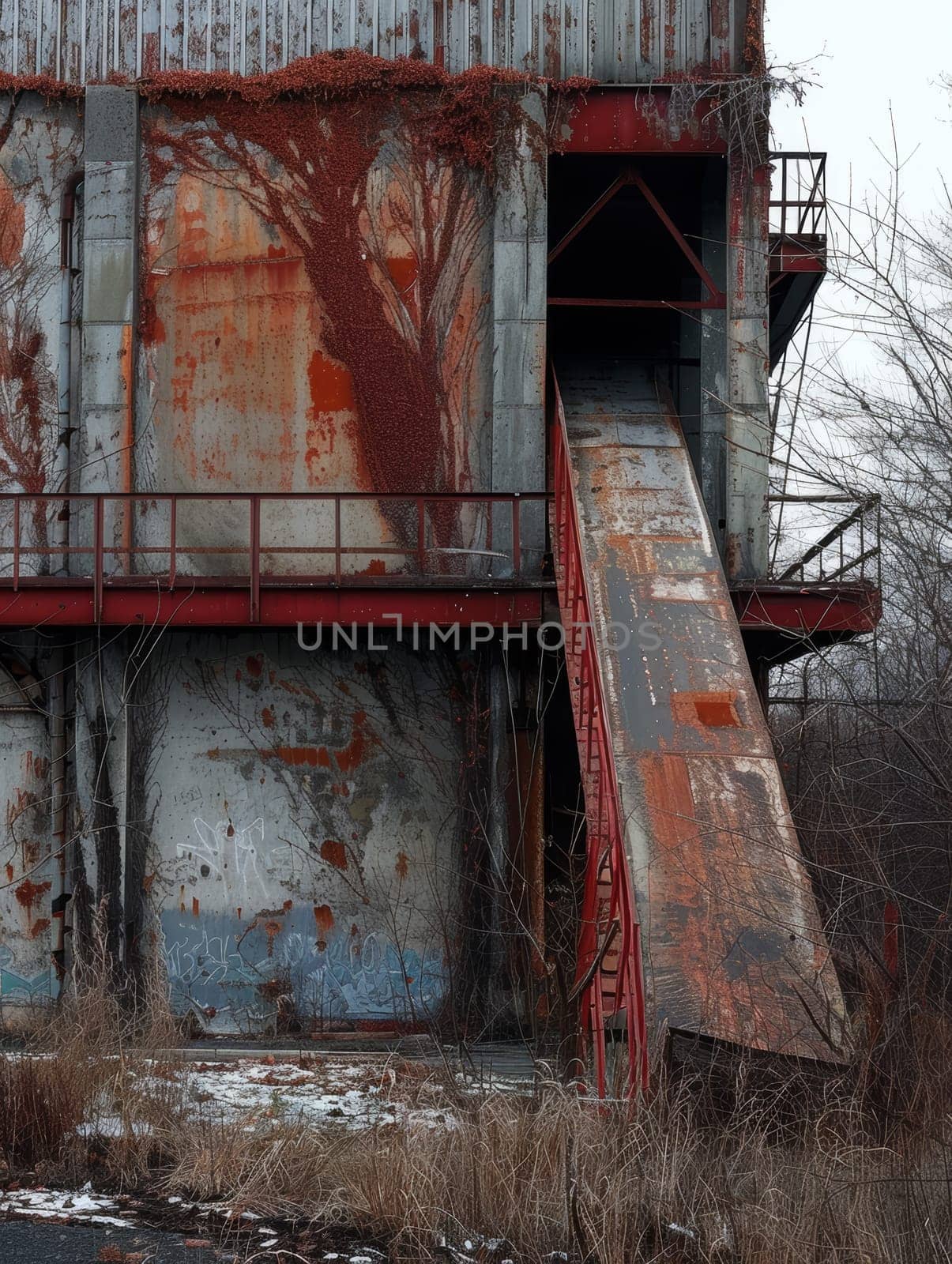 Crimson vines crawl over the faded steel of an industrial giant, marking the quiet return of nature to a once-bustling site.