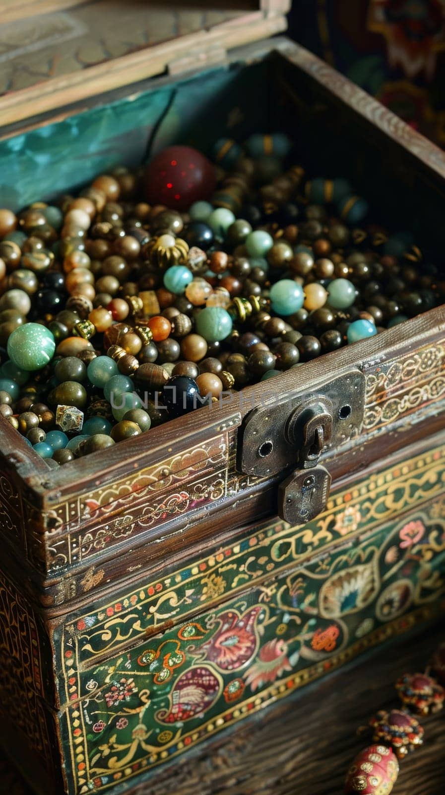An open vintage jewelry box filled with colorful beads and necklaces, artistic treasures