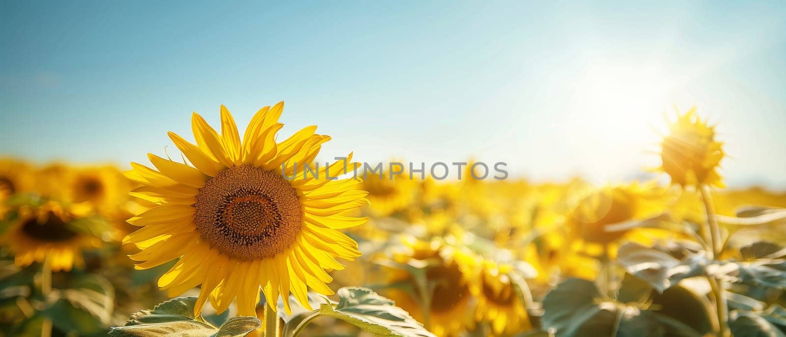 An expansive field of blooming sunflowers stretches towards the horizon under a brilliant blue sky, embodying the essence of a perfect summer day.