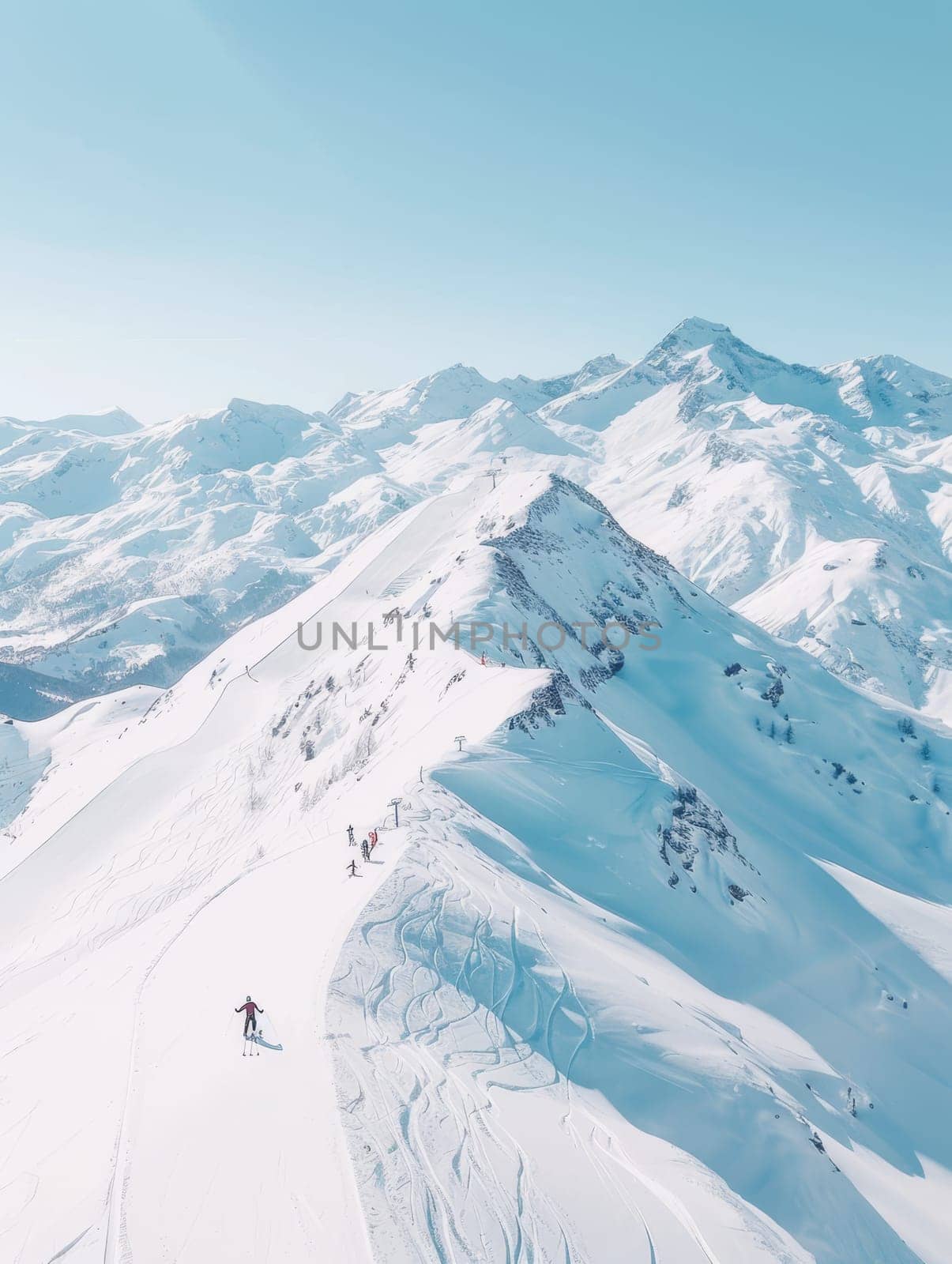 Skiers and snowboarders enjoy fresh powder on wide open slopes at a serene mountain resort, under the vast expanse of a clear blue sky