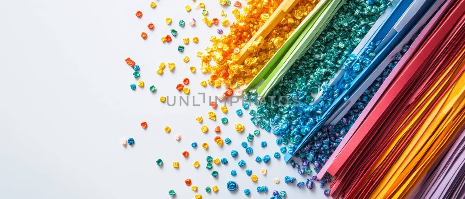 Assorted colorful craft materials on a white surface, offering creative possibilities with copy space.
