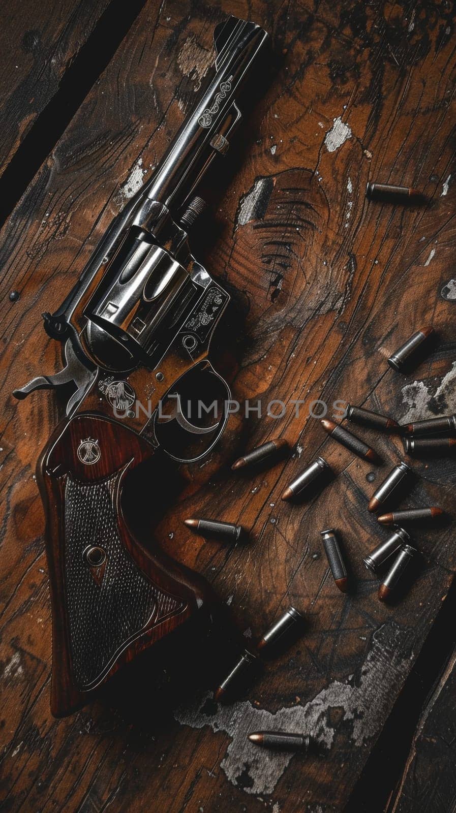 A classic revolver with scattered bullets on an old wooden table, evoking a western theme