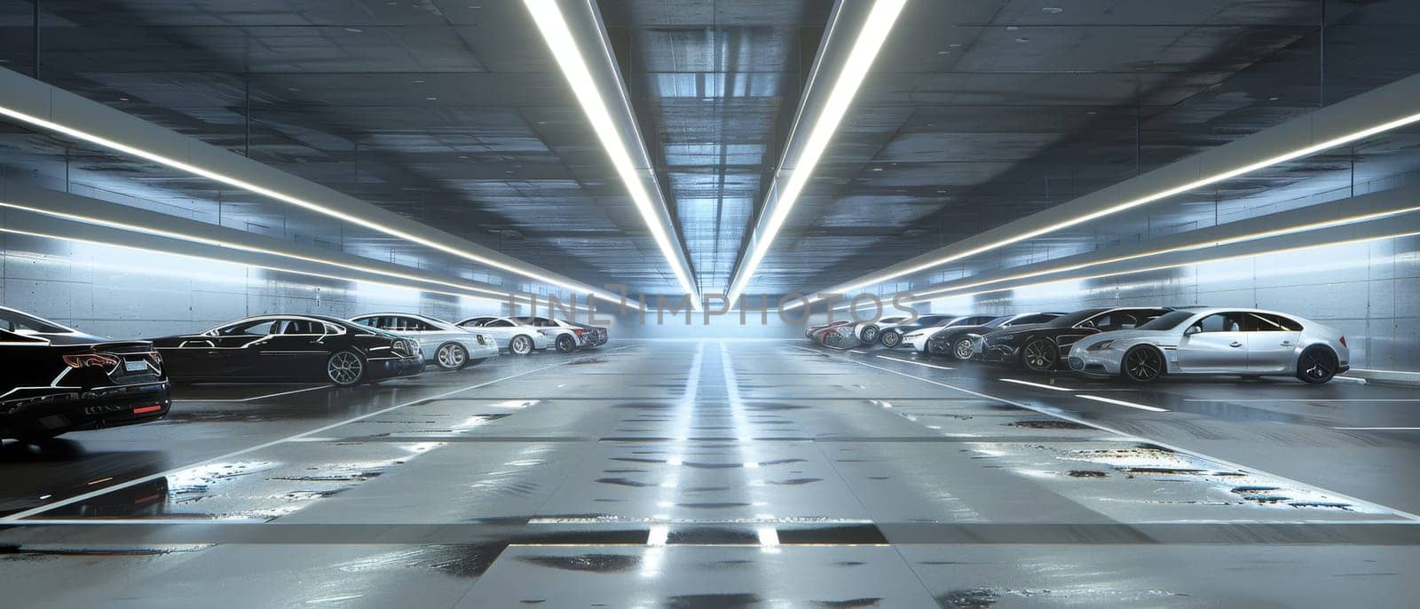 A well-lit underground parking garage with rows of parked cars in various colors