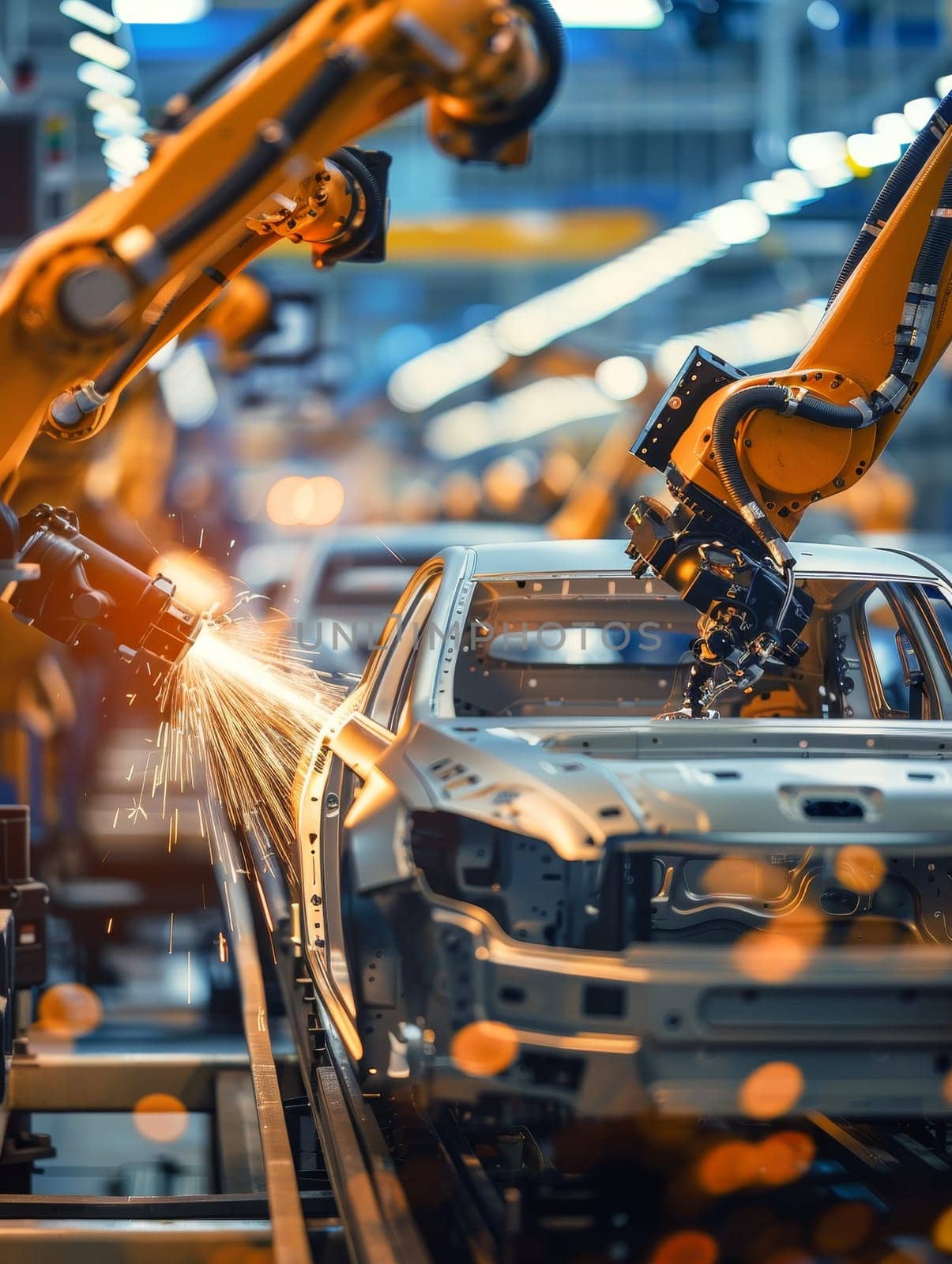 Robotic arms working on the assembly of a car's frame, with sparks flying as they weld together metal parts