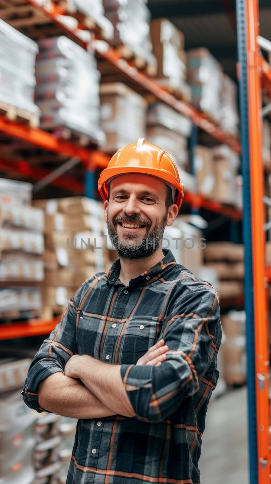 A warehouse manager in casual work attire and a safety helmet smiling confidently in a modern storage facility