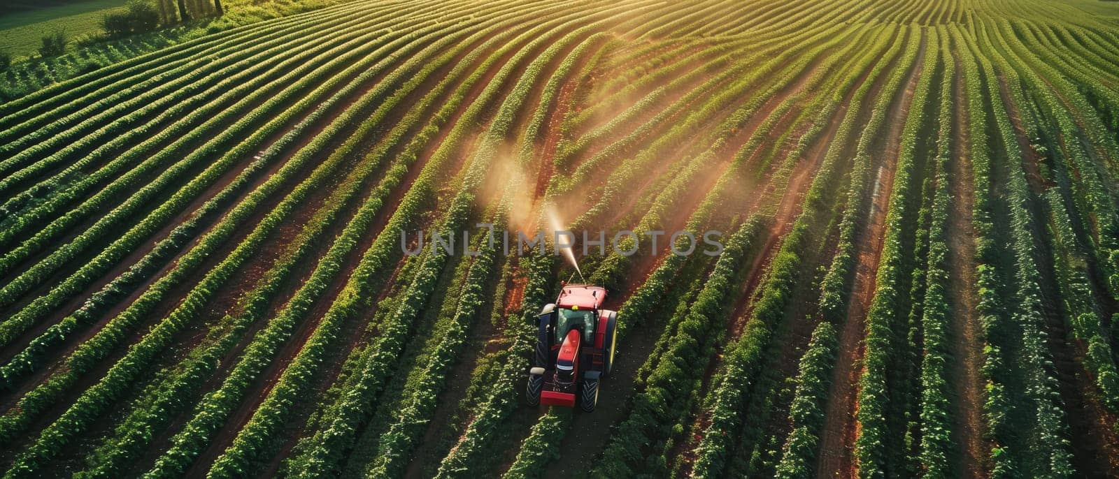 Tractor spraying pesticides over a vast field of crops, captured from an aerial perspective during golden hour, highlighting agricultural practices