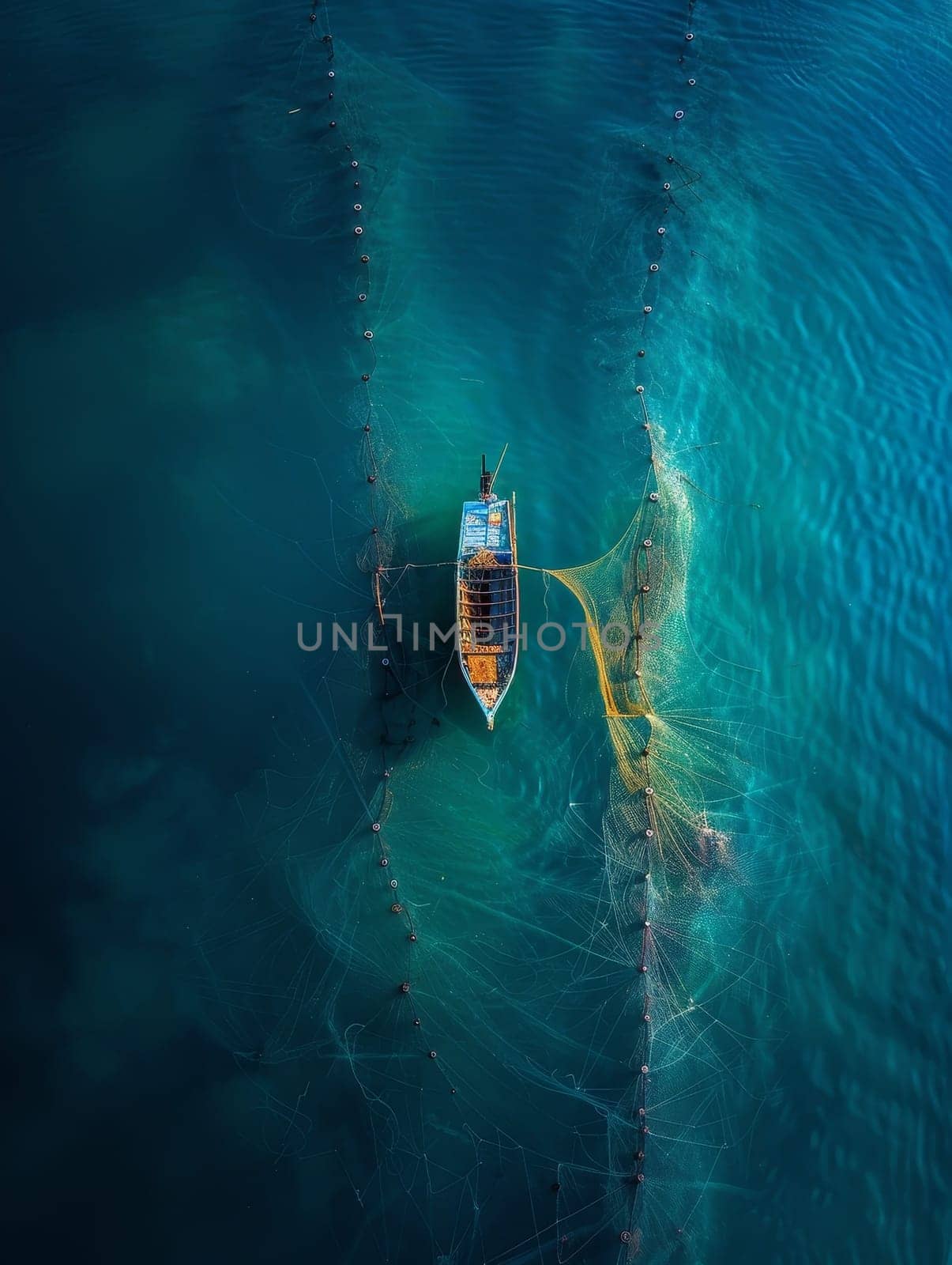 Overhead shot captures the intricate dance of colorful fishing nets in the deep blue sea, hinting at the lively underwater world below