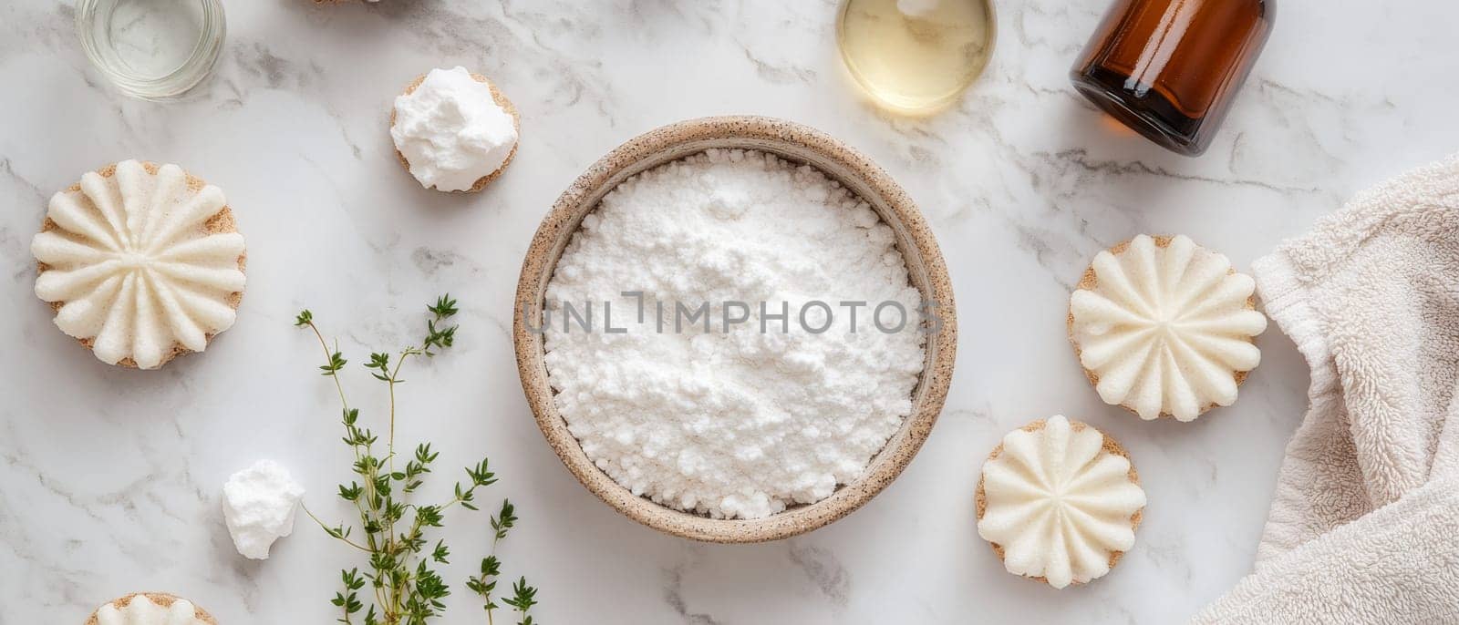 Baking ingredients including flour and decorative cookies on a marble counter top create a cozy scene.