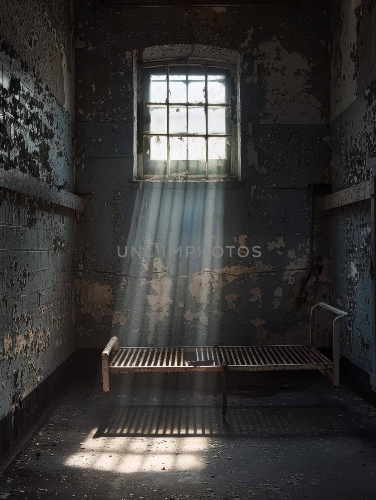Sunbeams filter through a broken window, illuminating the weathered textures of an abandoned room's walls and solitary metal bed