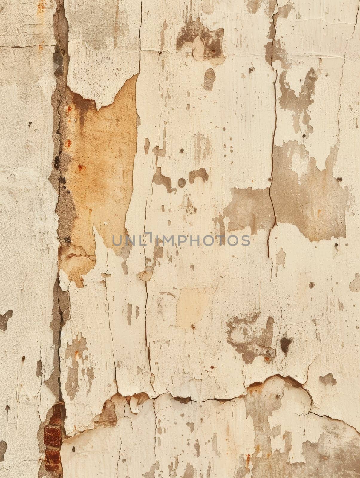 Close-up view highlighting the textured decay of a faded beige wall with peeling paint and subtle hues