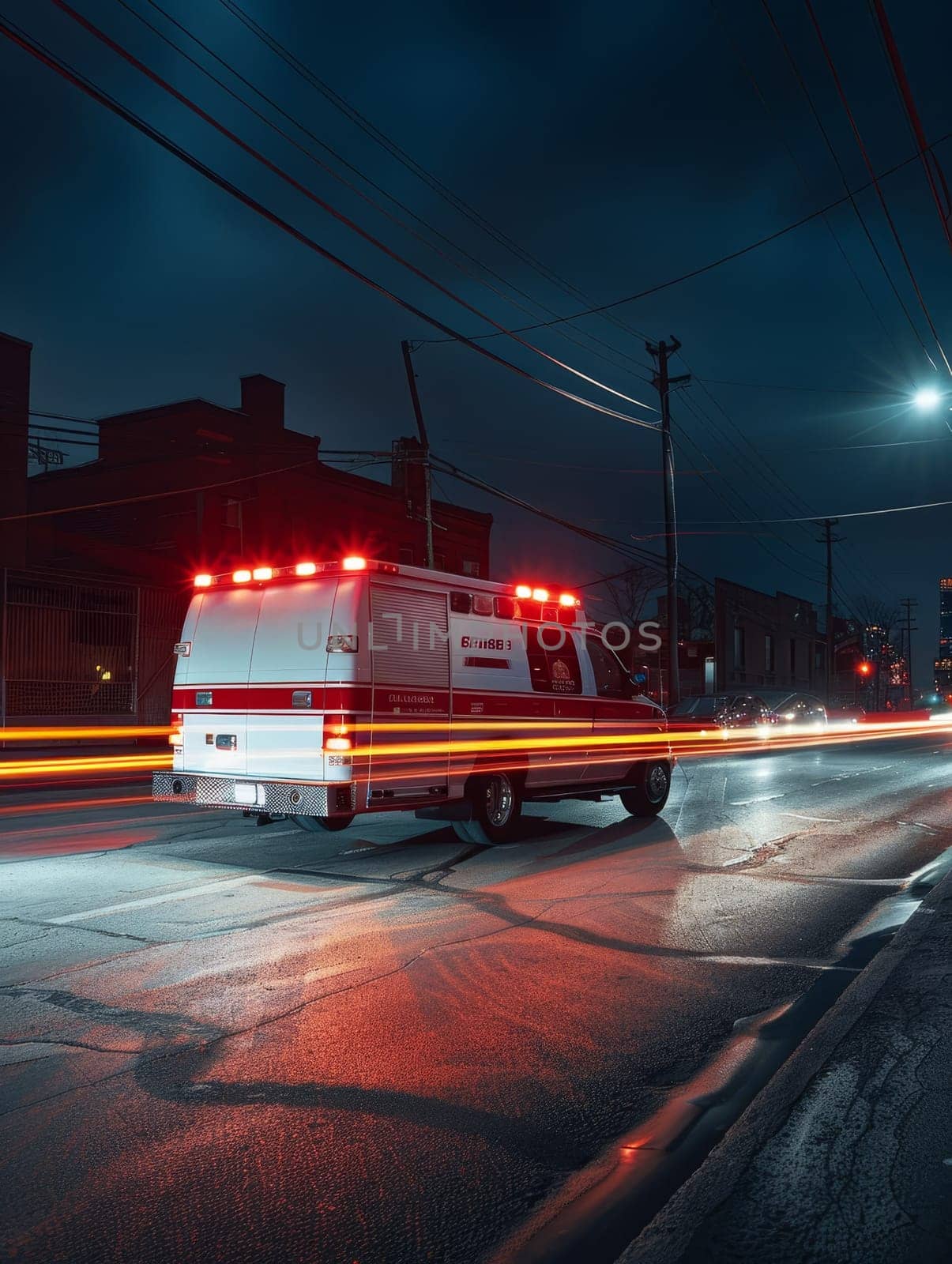 An ambulance's red lights stand out in the night, signaling an emergency as it navigates through the city's thoroughfares