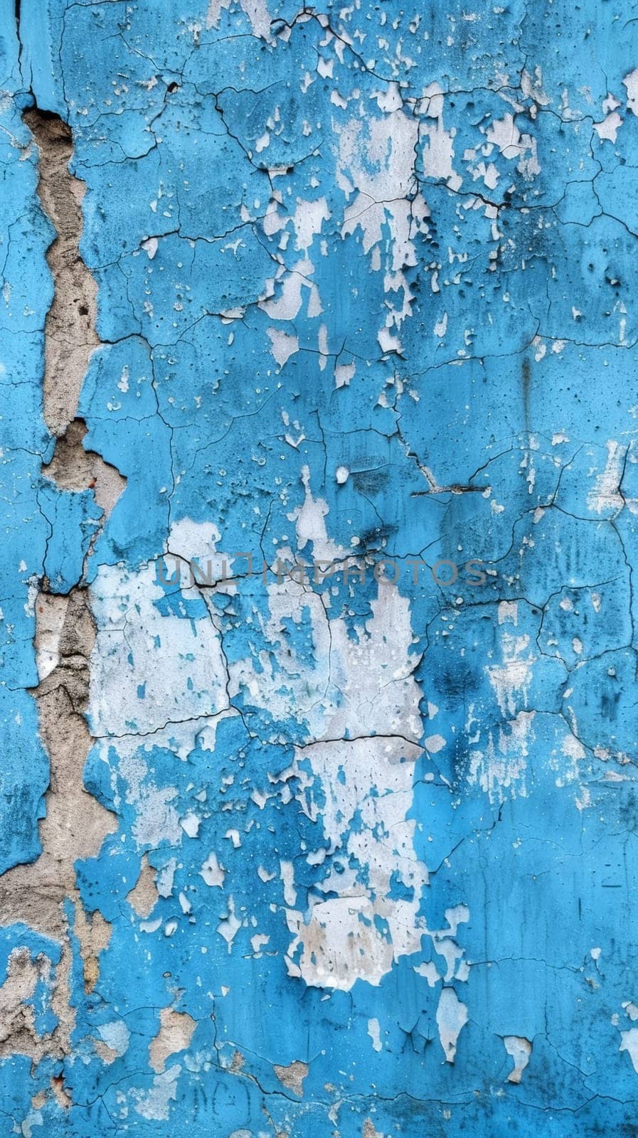 Wide-angle view of a worn blue paint surface with flaking layers and a sense of historical decay