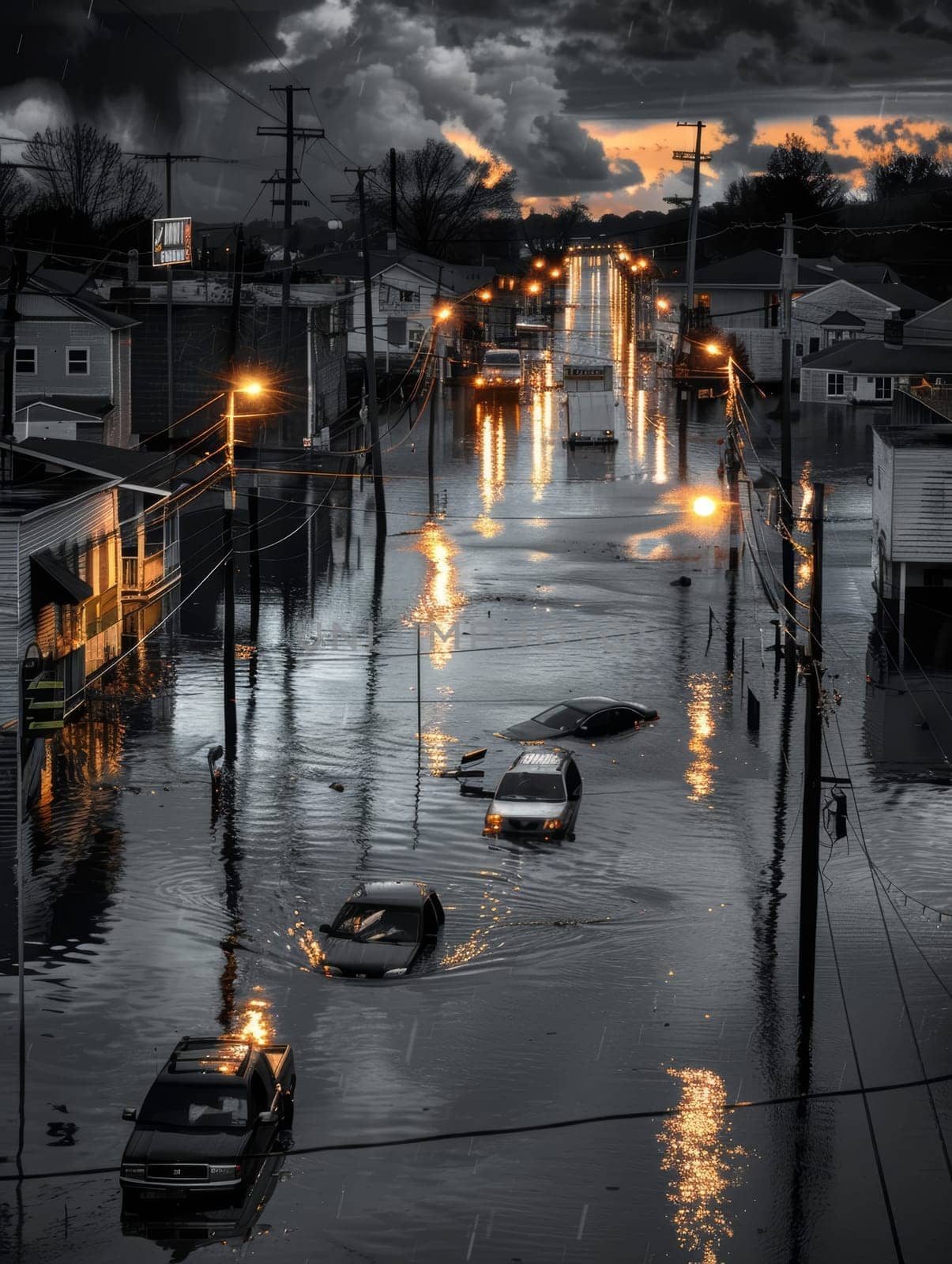 A stormy night casts heavy clouds over a flooded neighborhood, with emergency lights reflecting on the disturbed waters below
