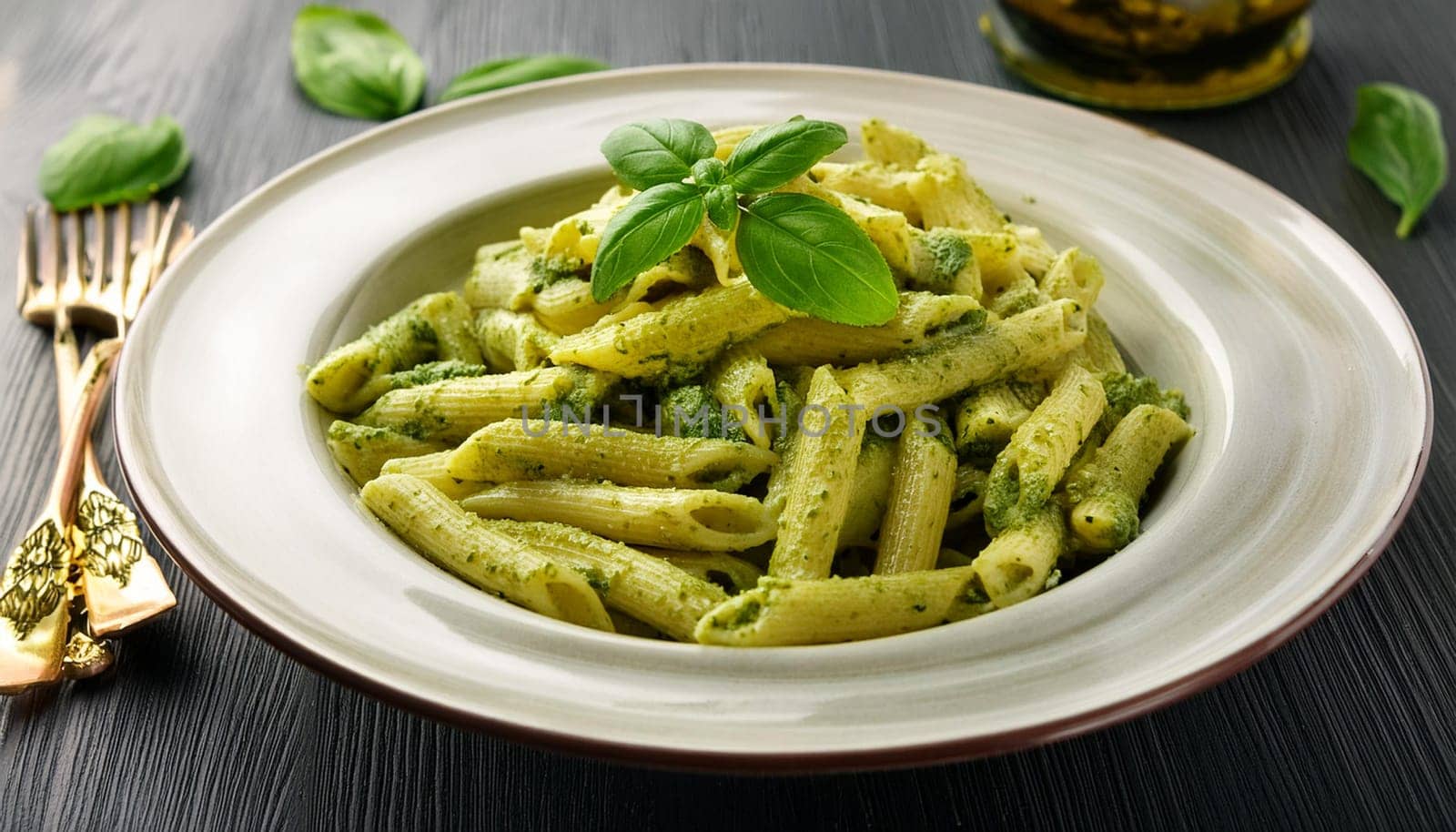 italian pasta al pesto dish, AI generated image