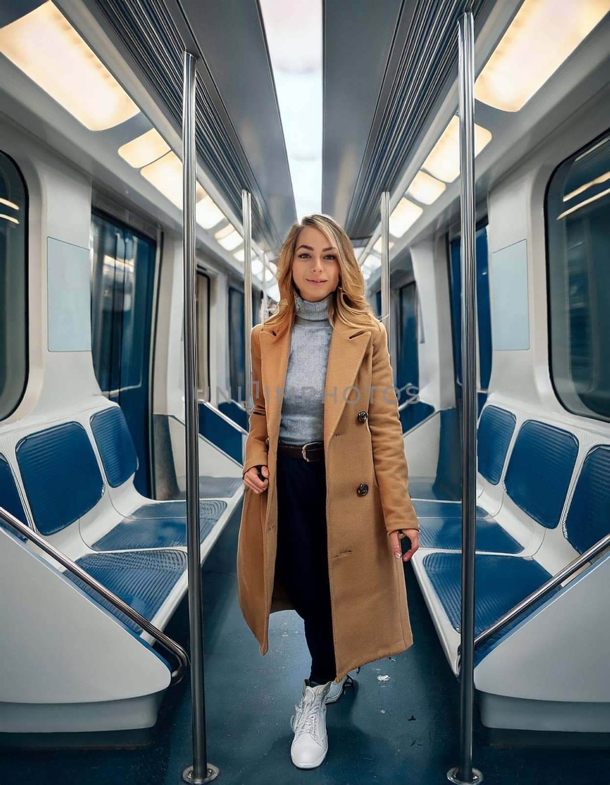 gorgeous young woman on subway train, AI generated image