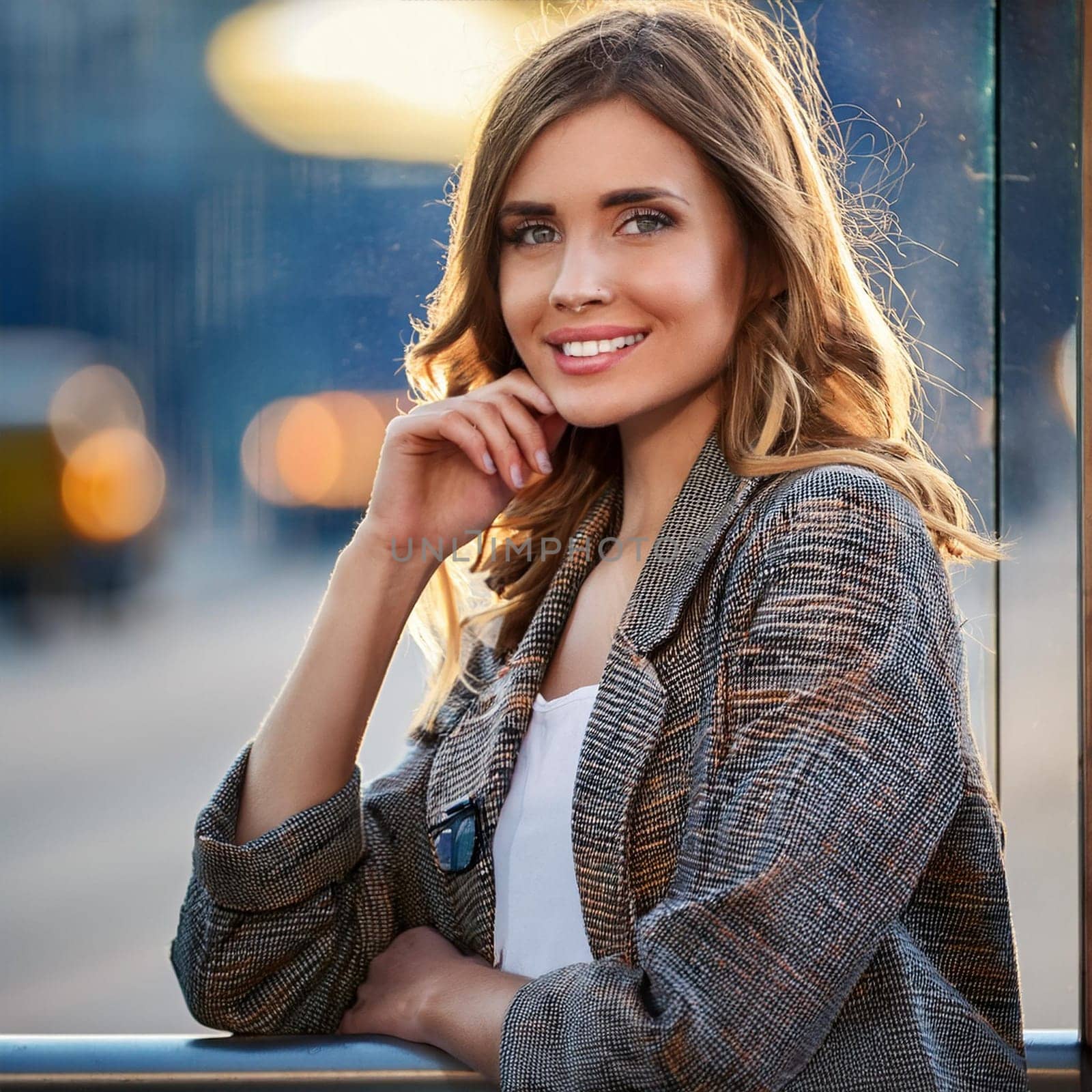 pretty young woman waiting for transport at bus stop, AI generated image