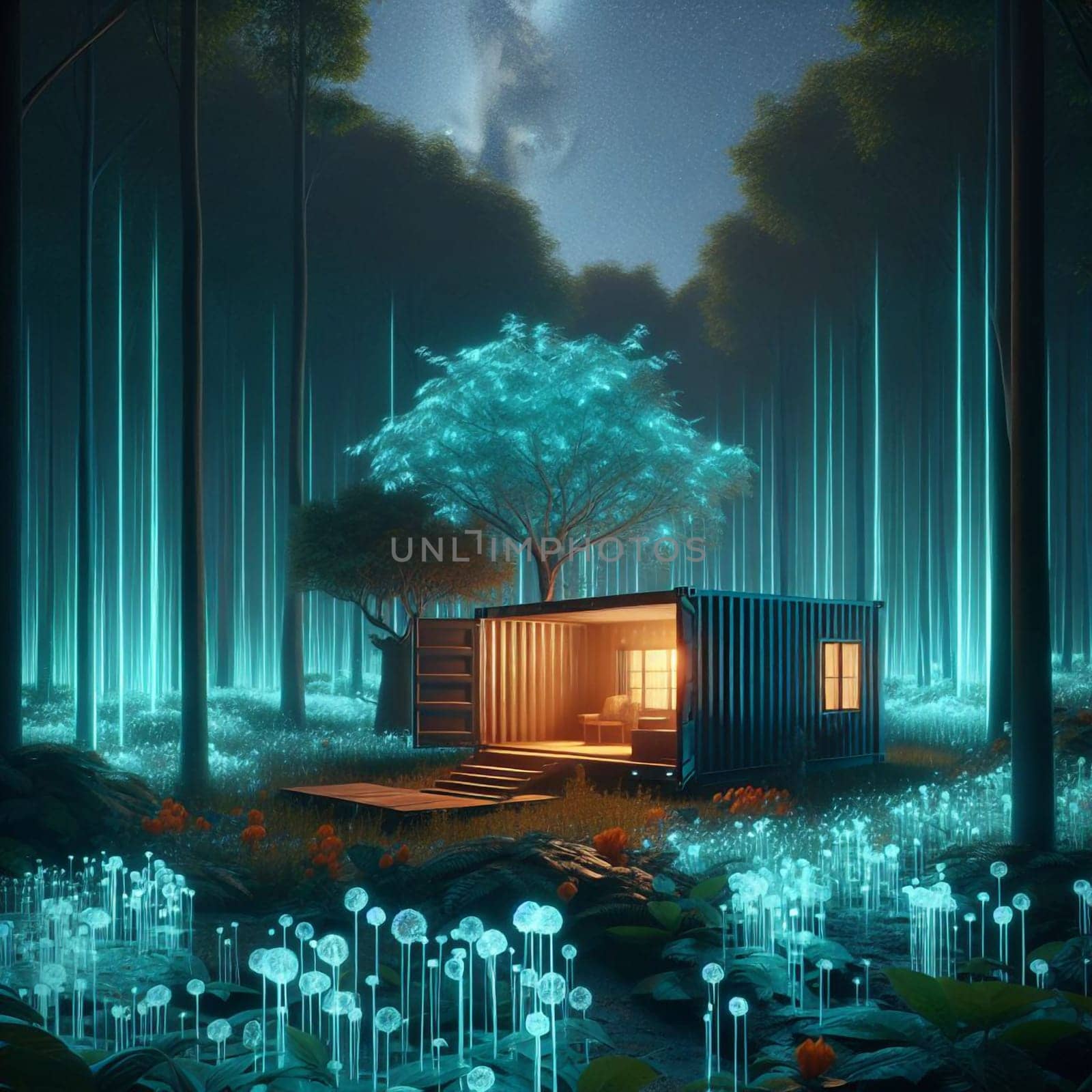 A shipping container converted into a cozy cabin, nestled in a mystical forest with glowing trees and flowers. The scene is surreal and magical, representing a fusion of nature. A high-quality photo.