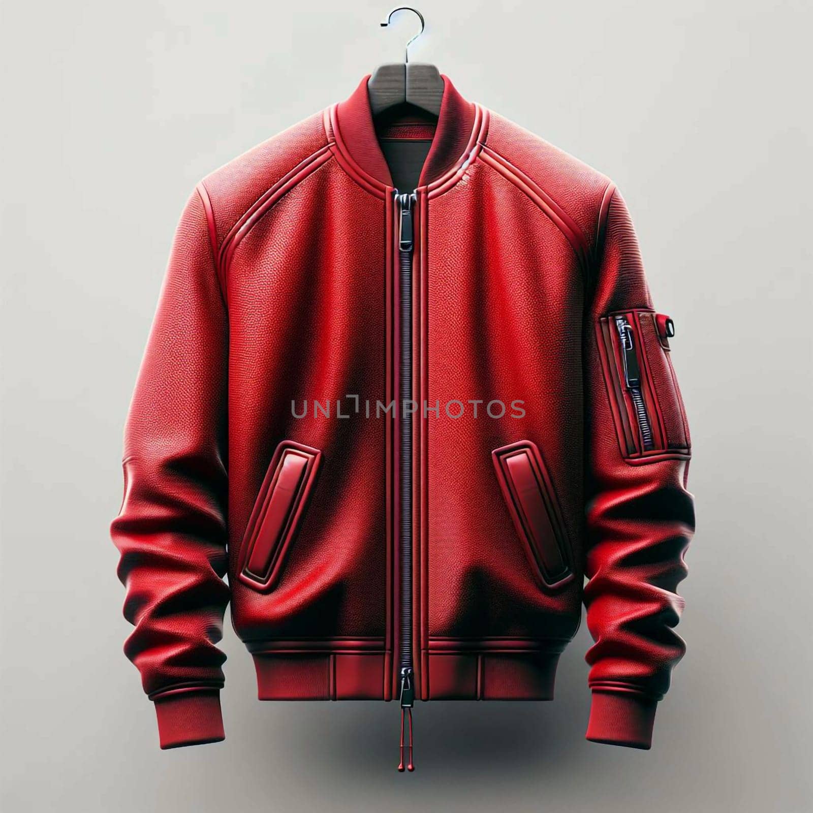 A red leather bomber jacket hanging on a hanger. The jacket is stylish and classic, with a timeless appeal. A high-quality photo.