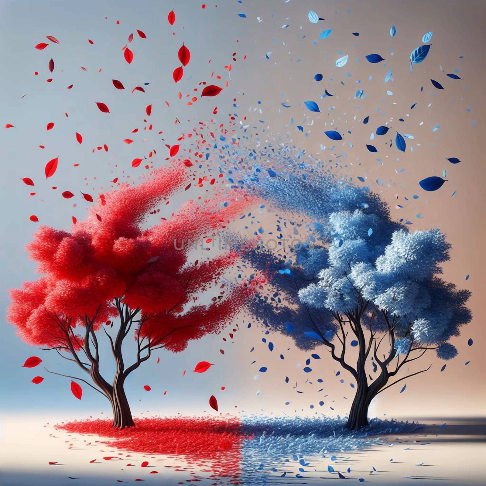 Two trees, one red and one blue, stand side-by-side, with leaves swirling and falling around them. The scene symbolizes the duality of nature, with opposing forces. A high-quality photo.