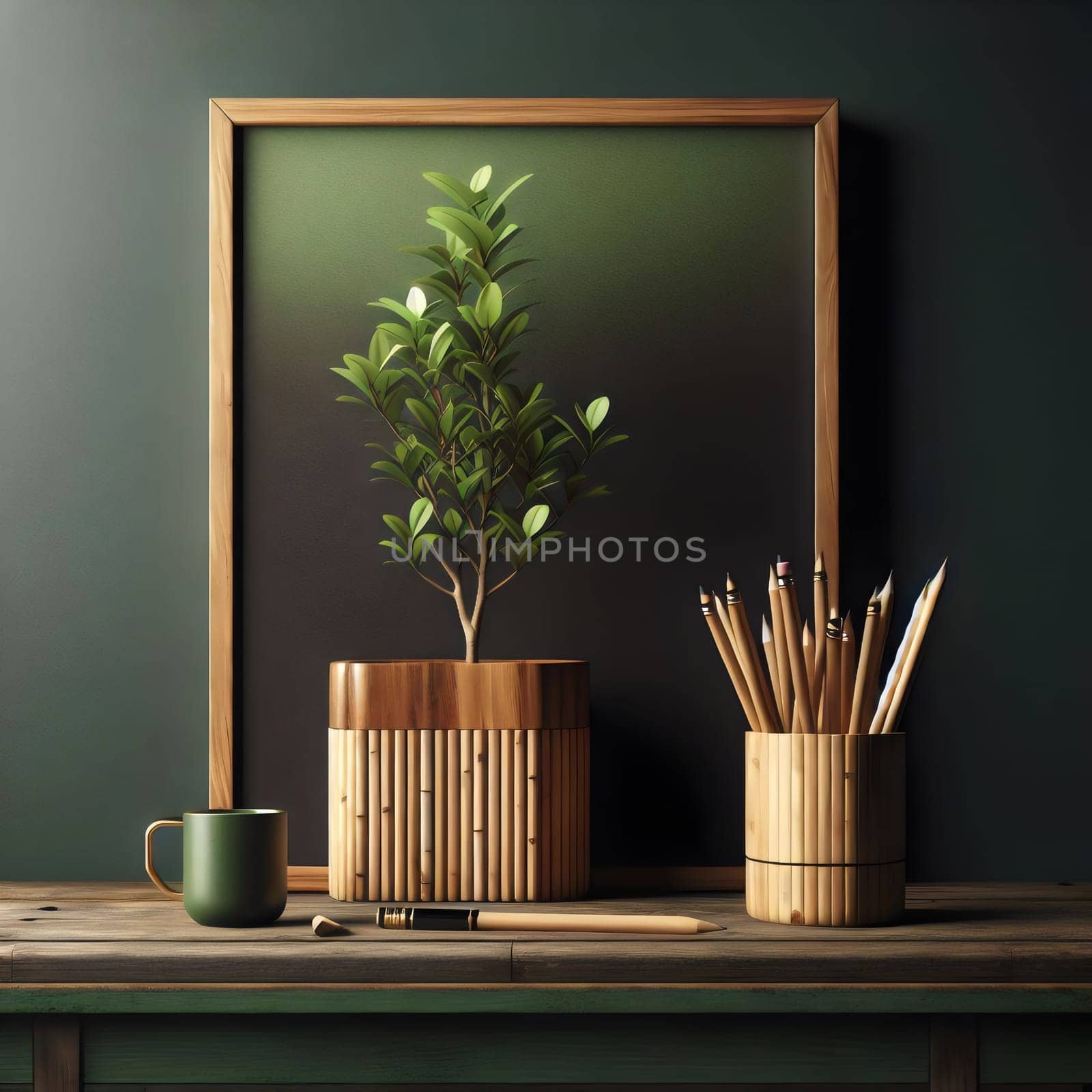 A minimalist still life featuring a potted plant, pencils in a bamboo holder, and a green mug on a wooden table. The scene is simple and elegant, creating a sense of calm. A high-quality photo.